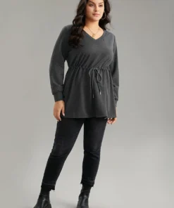 V Neck Plain Drawstring Knot Sweatshirt -Clothing Shop 280858970 pl