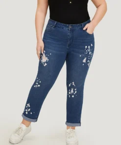 Paint Splatter Roll Distressed Medium Wash Jeans