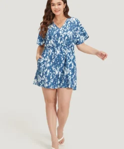 Batik Print Ruffle Sleeve Pocket Elastic Waist Jumpsuit -Clothing Shop 280931968 nb