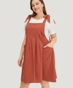 Solid Pleated Hem Pocket Tie Shoulder Overall Dress -Clothing Shop 281639087 mw