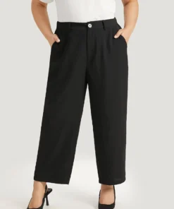 Plain Pocket Elastic Waist High Rise Pants -Clothing Shop 281923124 um