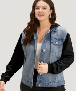 Hooded Patchwork Flap Pocket Denim Jacket -Clothing Shop 282855761 an