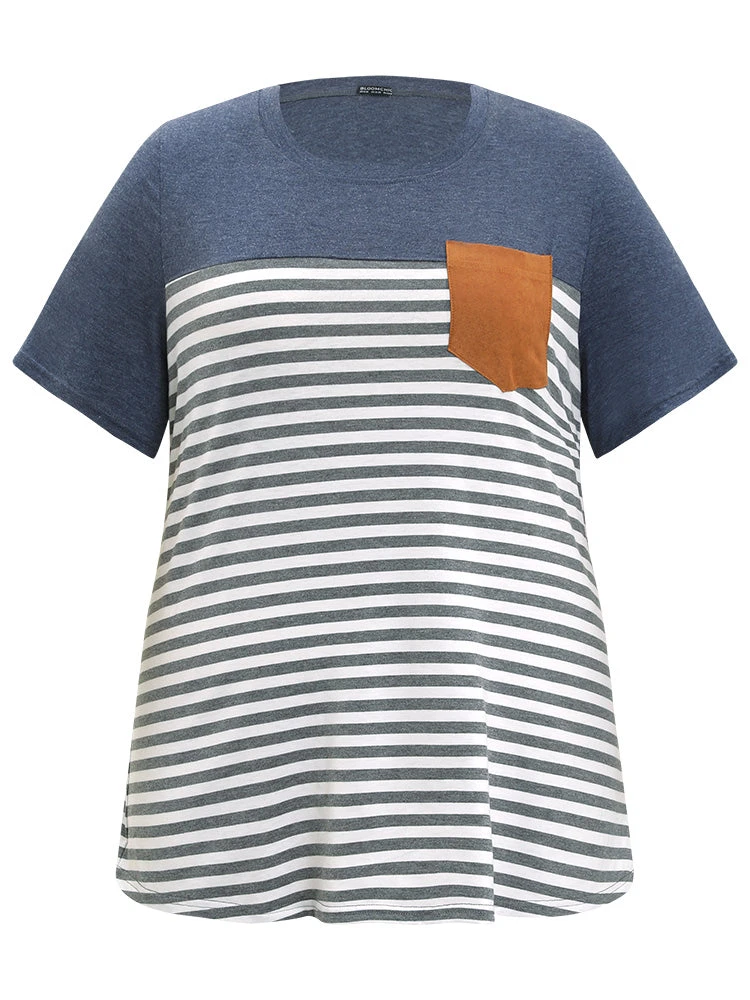 Striped Patchwork Round Neck Patched Pocket T-shirt 10 Striped Patchwork Round Neck Patched Pocket T-shirt - Image 8