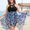 Floral Cut Out Halter Neck Hanky Hem Swim Dress -Clothing Shop 283504689 qw