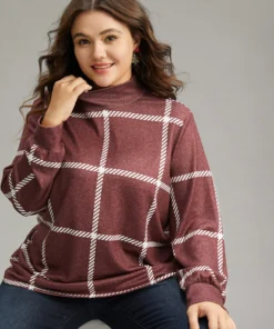 Plaid Geometric Contrast Funnel Neck T-shirt -Clothing Shop 283589630 wp