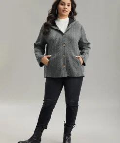 Contrast Cable Knit Pocket Hooded Jacket -Clothing Shop 283824557 jv