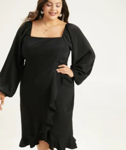 Anti-Wrinkle Square Neck Ruffle Trim Wrap Hem Dress -Clothing Shop 28453088 pq 04557c09 005c 4793 9269 abe57d7b270e