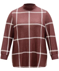 Plaid Geometric Contrast Funnel Neck T-shirt -Clothing Shop 284992957 uw