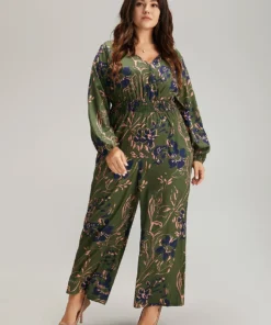 Silhouette Floral Print Shirred Elastic Cuffs Jumpsuit