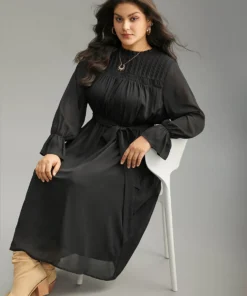 Plain Pleated Stand Collar Shirred Ruffles Dress -Clothing Shop 28544314 cn