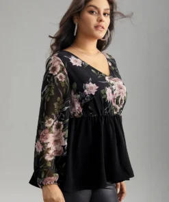 Floral Print Patchwork Elastic Waist Lantern Sleeve Blouse -Clothing Shop 28550394 dp aacd0f3a 3fca 4c47 869f 0c51561fddd9