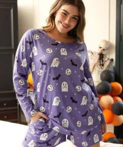 Halloween Bat Print Crew Neck Sleep Top -Clothing Shop 285827603 er