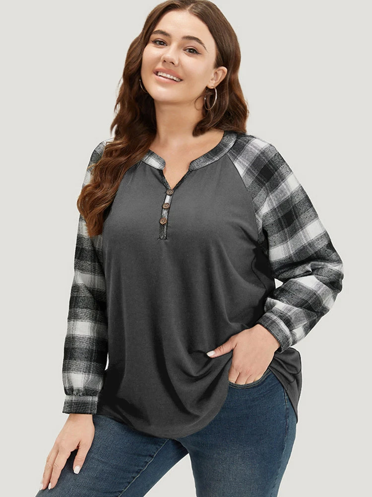 Plaid Patchwork Notched Button Detail Sweatshirt 17 Plaid Patchwork Notched Button Detail Sweatshirt - Image 15