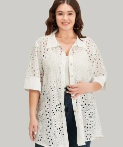 Plain Shirt Collar Broderie Anglaise Open Front Kimono 18 Plain Shirt Collar Broderie Anglaise Open Front Kimono -Clothing Shop 286659816 zd