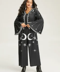 Halloween Moon & Star Elastic Waist Bell Sleeve Jumpsuit -Clothing Shop 28675759 or