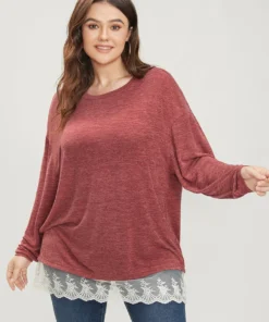 Solid Round Neck Lace Hem Long Tee -Clothing Shop 286863159 ak