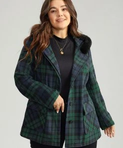 Plaid Button Fly Hooded Fuzzy Trim Coat -Clothing Shop 287013741 dt