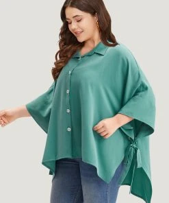 Plain Shirt Collar Asymmetrical Hem Bowknot Kimono -Clothing Shop 287328239 kd