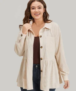 Plain Shirt Collar Button Through Ruffle Hem Pocket Coat