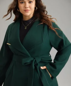 Plain Belted Metal Detail Lapel Collar Woolen Coat -Clothing Shop 28782577 iz
