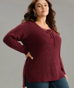 High Low Hem Lace Up Split Side Pullover -Clothing Shop 288170027 fr