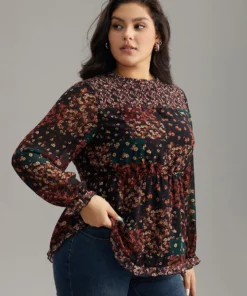 Ditsy Floral Shirred Patchwork Frill Trim Gathered Blouse -Clothing Shop 288553235 fi