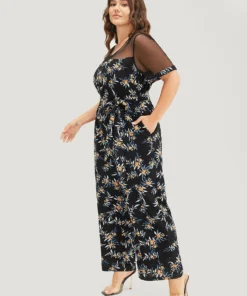 Floral Mesh Patchwork Crew Neck Pocket Belted Jumpsuit -Clothing Shop 288842998 df