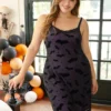 Halloween Bat Print Lace Patchwork Sleep Cami Dress -Clothing Shop 289067553 wm