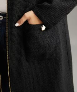 Solid Tweed Pocket Metai Detail Zipper Coat -Clothing Shop 289132279 ts