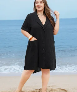 Solid Twist Back Pocket Asymmetrical Button Front Cover Up -Clothing Shop 289294911 as