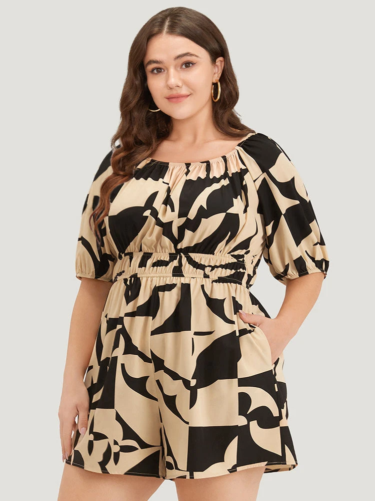 Geometric Shirred Pocket Elastic Waist Puff Sleeve Jumpsuit 5 Geometric Shirred Pocket Elastic Waist Puff Sleeve Jumpsuit - Image 3