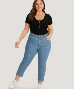 Striped Print Roll Hem Zipper Fly Jeans -Clothing Shop 289837478 at