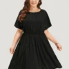 Plain Geo Eyelet Batwing Sleeve Elastic Waist Dress -Clothing Shop 289956995 db