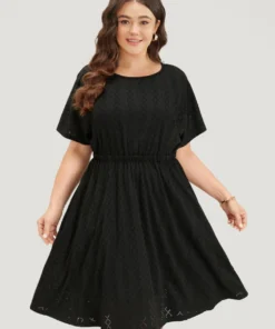 Plain Geo Eyelet Batwing Sleeve Elastic Waist Dress
