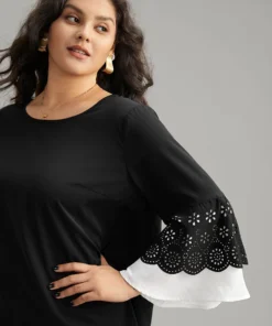 Anti-Wrinkle Laser Cut Contrast Ruffles Blouse -Clothing Shop 290548409 xp