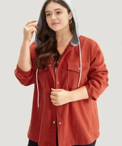 Contrast Patchwork Button Through Hooded Drawstring Corduroy Coat