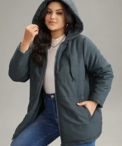 Hooded Drawstring Quilted Pocket Zipper Fly Coat