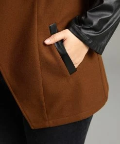 Contrast PU Leather Lapel Collar Pocket Button Up Coat -Clothing Shop 290977398 sw