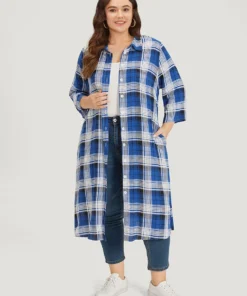 Plaid Shirt Collar Pocket Button Through Kimono -Clothing Shop 291201913 gf