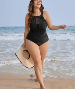 Halter Mesh Insert Knotted Back One Piece Swimsuit -Clothing Shop 291323780 jh