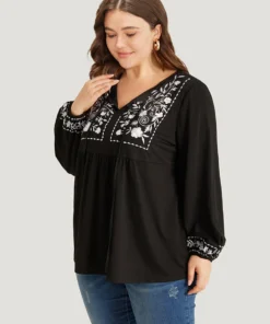 Floral Embroidered Knot Neck Lantern Sleeve T-shirt 26 Floral Embroidered Knot Neck Lantern Sleeve T-shirt -Clothing Shop 29165427 vg e9b8814e 3897 4da2 9958 ab764488a030
