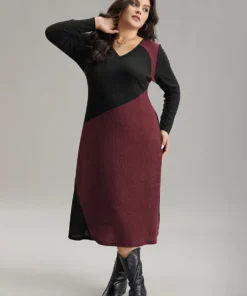 Two Tone Patchwork V Neck Dress -Clothing Shop 291931052 cq