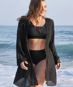 Contrast Lace Open Front Swim Cover Up