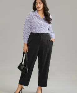 Plain Elastic Waist Pleated Button Detail Pants -Clothing Shop 292404723 qf