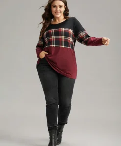 Plaid Contrast Patchwork Round Neck T-shirt -Clothing Shop 294346106 xm