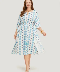 Floral Batwing Sleeve Keyhole Knotted Neck Split Dress -Clothing Shop 294515712 bq