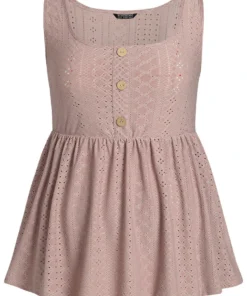 Plain Broderie Anglaise Gathered Button Detail Tank Top -Clothing Shop 294736369 se