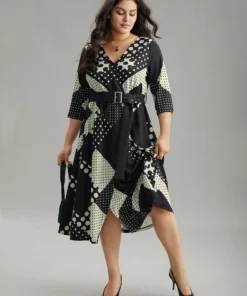 Polka Dot Geometric Print Belted Wrap Dress