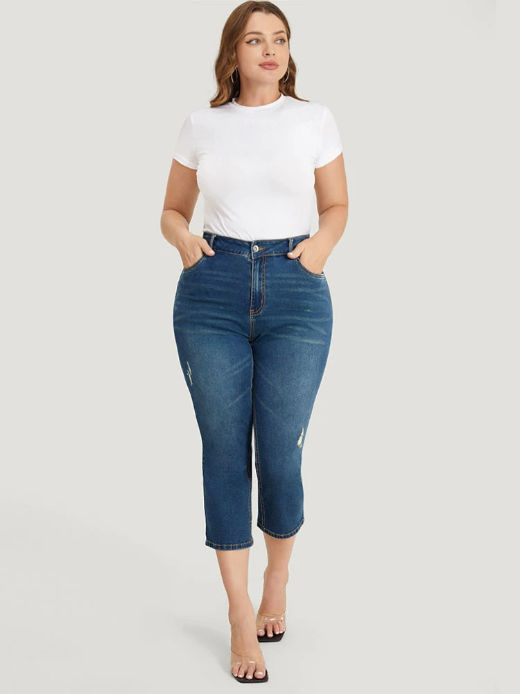 Very Stretchy High Rise Medium Wash Ripped Detail Cropped Jeans 7 Very Stretchy High Rise Medium Wash Ripped Detail Cropped Jeans - Image 5