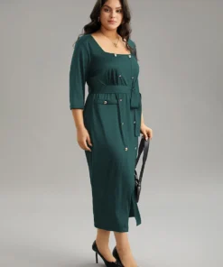 Square Neck Metal Detail Belted Gathered Dress -Clothing Shop 296158907 fw